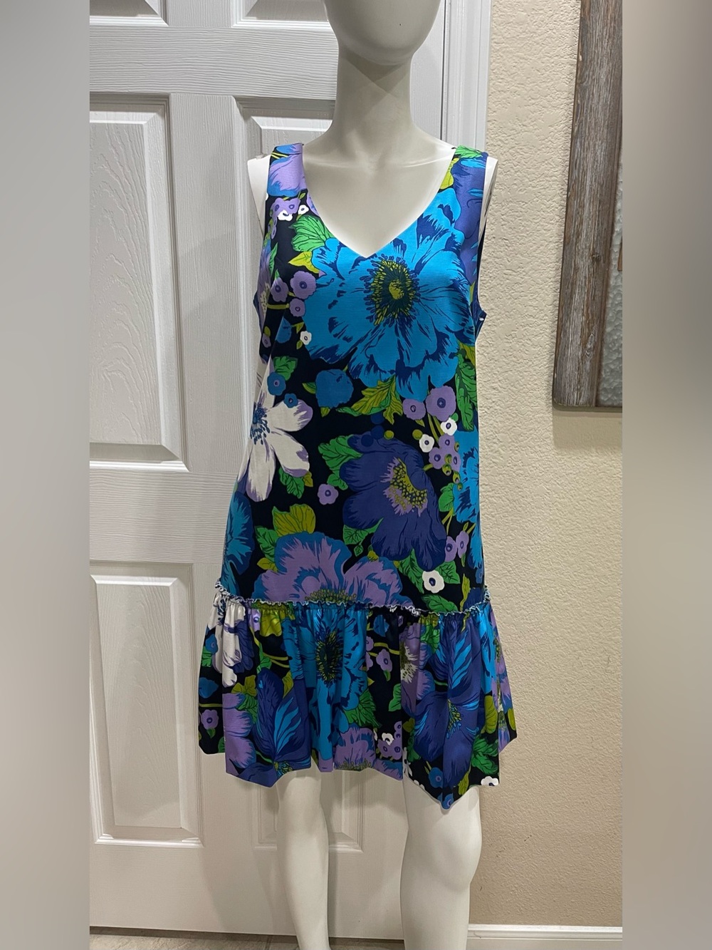 Trina Turk Bev Sleeveless Floral Drop Waist Mini Dress Blue Purple Size 8 NWT